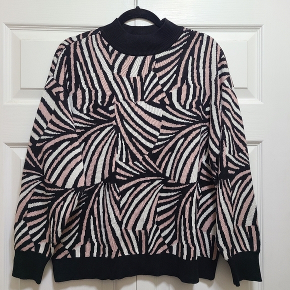 Anne Klein Sweater Womens Large mock neck Pullover pink black white Geometric L‎ - Picture 7 of 7